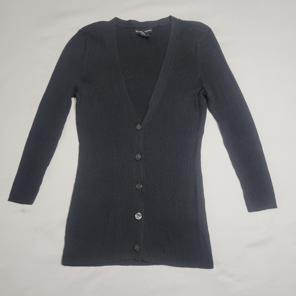 New York & Company Black Ribbed Button Women's X-Small Stretchy Cardigan